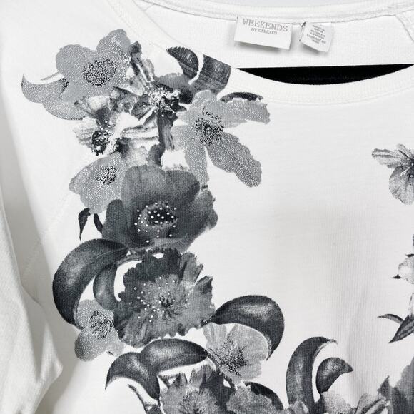 Chicos Weekend Size 1 Medium M White Gray Floral Embellished Pullover Sweater - Picture 4 of 8